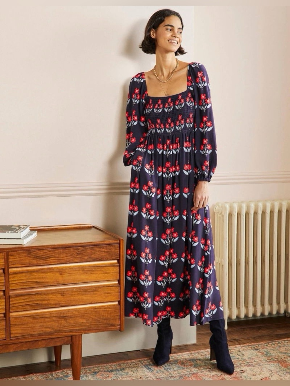 BODEN Connie Smocked Maxi Dress Blossoming Bud Floral Cottagecore Size 8